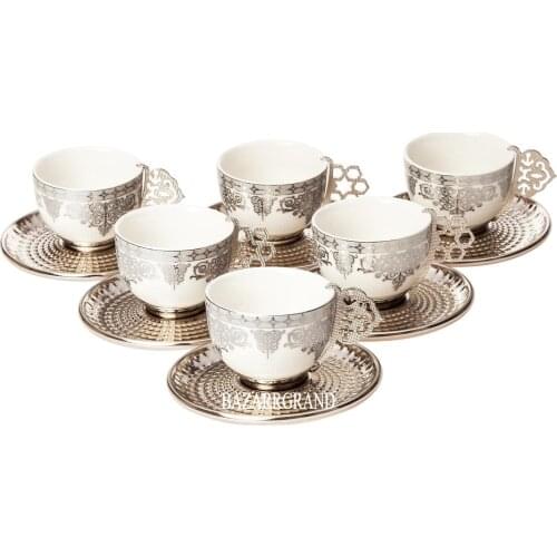 BEVERAGE SET- SET OF SIX METAL COFFEE SET PATTERN ELEGANT ENJOYABLE CHATCHES FREE SHIPPING YOUR HEAD CUP