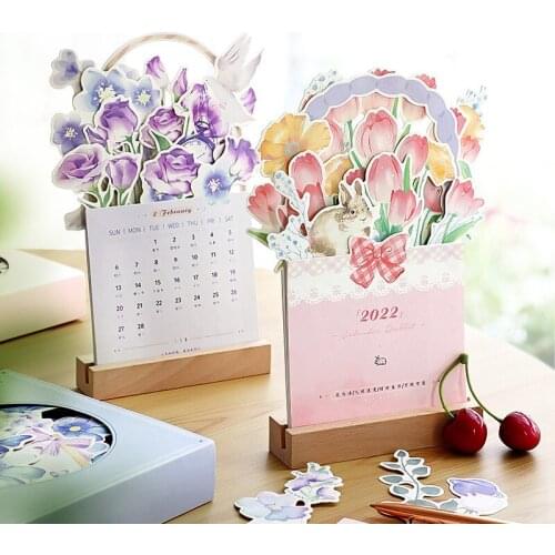 2022 Cute Flower 3D Desk Calendar Cartoon Rabbit and Bird Desktop Wooden Calendars Daily Schedule Planner 2022.01-2022.12