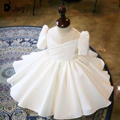 Girls Princess Dress White Wedding Dresses for Girls Little Girl Birthday Party Dress Girl Pleat Dress with Bow Girls Clothes
