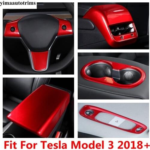 Steering Wheel Gear Water Cup Armrest Storage Box Rear Air AC Vent Cover Trim Red ABS Accessories For Tesla Model 3 2018 - 2021