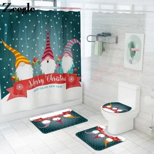 Christmas Home Decor Bath Mat and Waterproof Shower Curtain Bathroom Carpet Rug Anti-Slip Flannel Bath Rug Set Toilet Mat