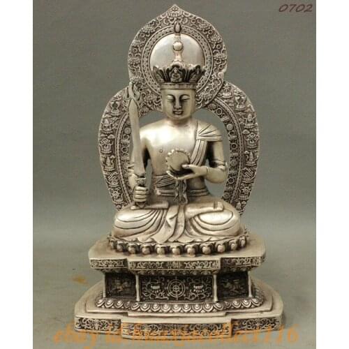 12 Folk Chinese Silver 8 Auspicious Symbol Akashagarbha Buddha Lotus Seat Statue Statue Medicine copper Decoration real Brass