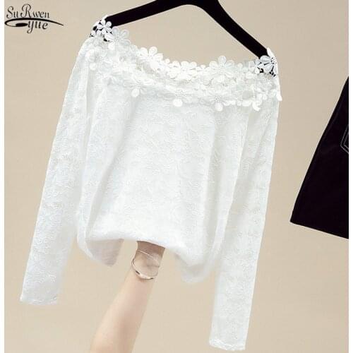 Slash Neck Pullover Womens Blouses Fashion Long Sleeve Elegant White Lace Blouse Women Floral Casual White Shirt Women Top 11171