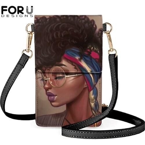FORUDESIGNS Kawaii African Girls Printed Womens Touch Screen Crossbody Bags Luxury Designer Leather Mobile Phone Pouch Cover