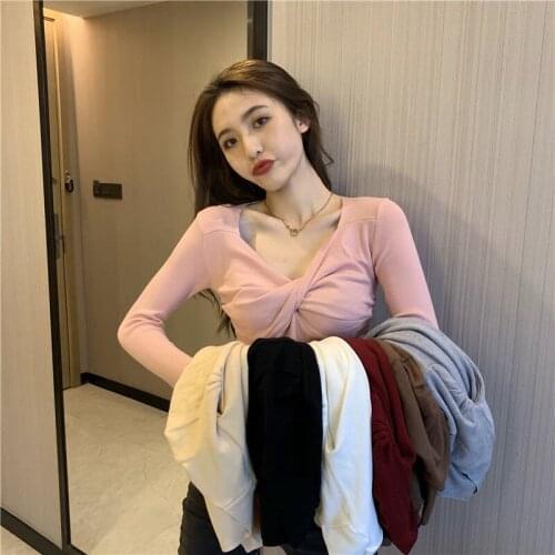 Woman Sweaters Womens Cross Twist V-neck Wool Sweater Fall/Winter Slim Short Long Sleeve Top