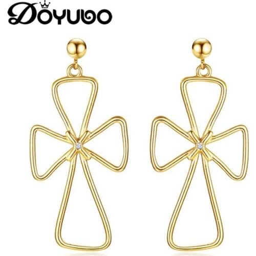 DOYUBO Augmented Golden Stainless Steel Cross Drop Earrings For Women Punk Style Fashion Earrings Accessories For Party DB192