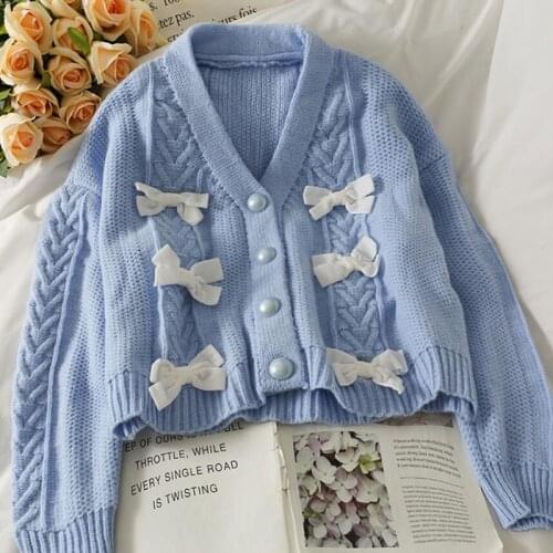 New Bow Sweet V-neck Knitted Cardigan Solid Color Chic Pearl Button Sweater Women 2021 Autumn Loose Long Sleeve Short Coat