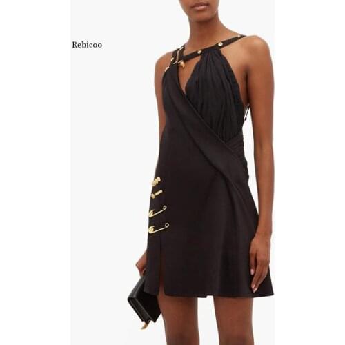 Asymmetrical Patchwork Pin Womens Dress Spaghetti Strap Off Shoulder High Waist Irregular Dresses Female Tide