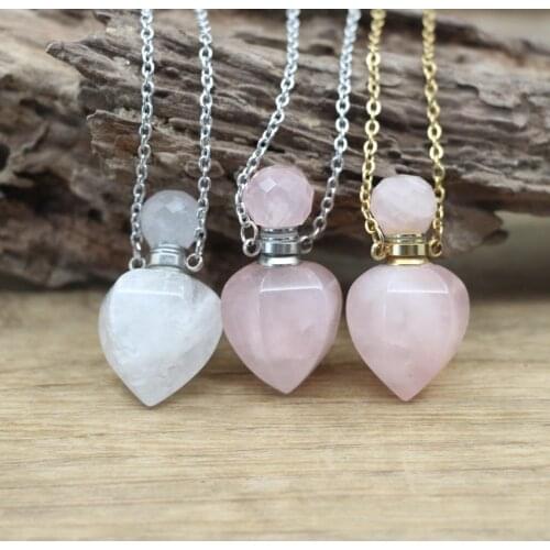 Heart Shaped Rose Quartzs Essential Oil Vial Pendant Necklaces Natural Crystal Amethysts Perfume Bottle Charm Jewelry QC1065