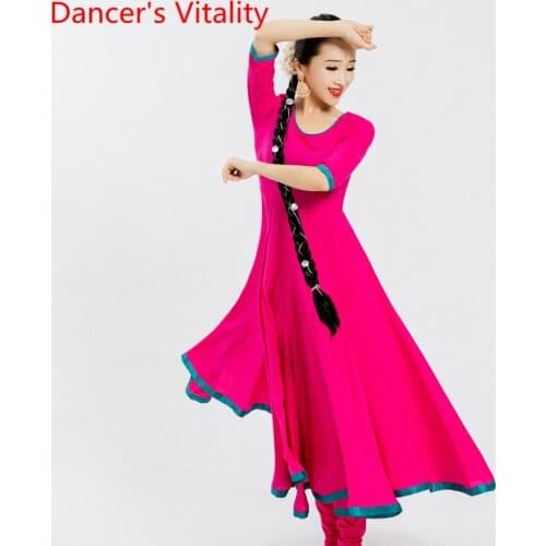 Indian Dance Practice Clothes Women Cotton Half Sleeve Big Hem Splicing Dress Belly Oriental Dancing Performance Stage Wear