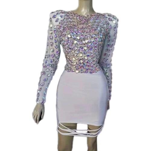 Women New Shining Crystals mesh See Through Short Dress Celebrity Party Dresses Nightclub Outfit Singer Performance Costume