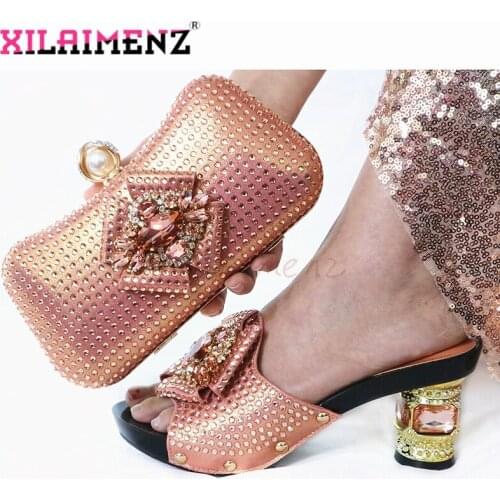 2020 Latest Spring Slipper Shoes And Bag To Match Set For Party Fashion Rhinestone Pumps Shoes And Bag Set in Peach Color