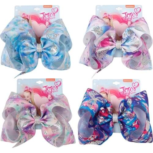 Cheer Bow Hair Accessories 8 Inch Mermaid Hair Bows with Rhinestones for Girls Silver Print Grosgrain Ribbon Hair Clips Kids