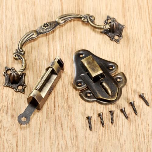 Antique Bronze Iron Chinese Old Lock & Pulls Handle Knobs & Latch Hasp Lock Clasp Buckle for Jewelry Wooden Box Cabinet Cupboard