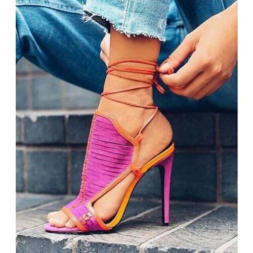 Sexy Mixed Color Lace-up Ankle Strap Sandals Woman Patchwork Peep Toe High Heels Slingback Shoes Lady Dress Shoes Plus Size 13