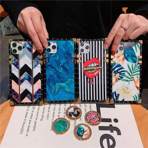 Luxury Flower Banana Leaf Square Phone Case For Huawei P40 P30 P20 Y9 Prime 2019 Honor 20 30 8X 9X Blu-ray Ring Stand Soft Cover