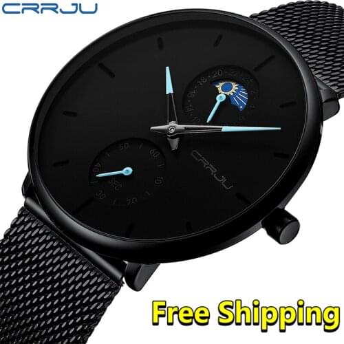CRRJU Men Watch Reloj Hombre 2019 Fashion Ultra Thin black business wristwatch mens slim Casual Waterproof Sport man Watch 2018