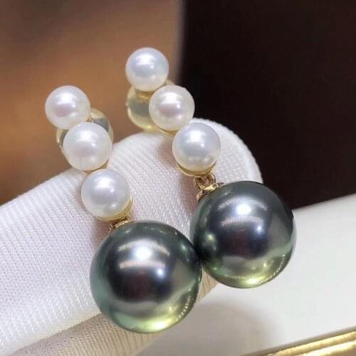 D1007 Pearl Earrings Fine Jewelry Solid 18K Gold Round 9-10mm Nature Sea Water Tahiti Pearls Drop Dangle Earrings for Women Gift