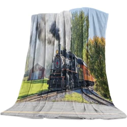 Steam Train Smoke Landscape Retro Flannel Blanket for Bed Sofa Portable Soft Fleece Throw Funny Plush Bedspreads