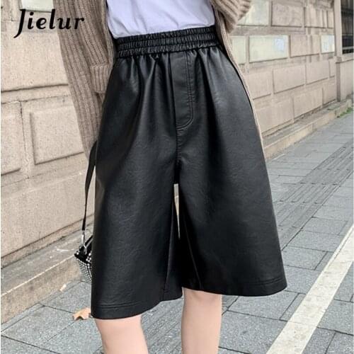 Jielur S-3XL Fashion PU Leather Shorts Women Elastic Waist Loose Wide Leg Five Points Black Leather Trousers Oversize Shorts New
