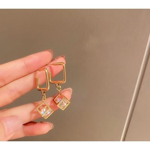 Korean Fashion Small Zircon Geometric Square Drop Earrings for Women Girls Simple Gold Color Metal Earrings Party Jewelry