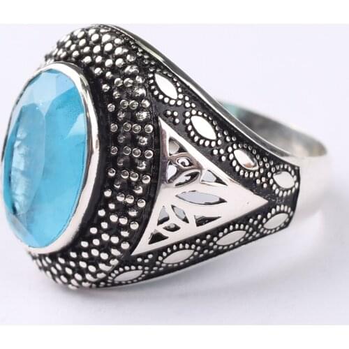 Handmade Mens Silver Blue Paraiba Tourmaline Ring, Man 925 Silver Ring, Silver Handmade Oval Paraiba Ring