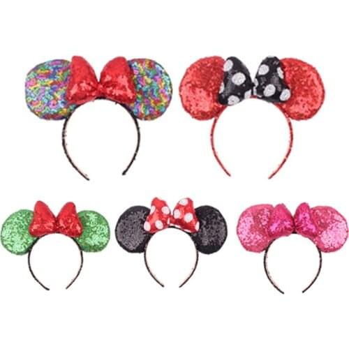 Latest Hair Bows Rainbow Sequins Mouse Ears Hairband Women Party Head Wear Kids Trendy Headband Girls Embroidery Hair Accessorie