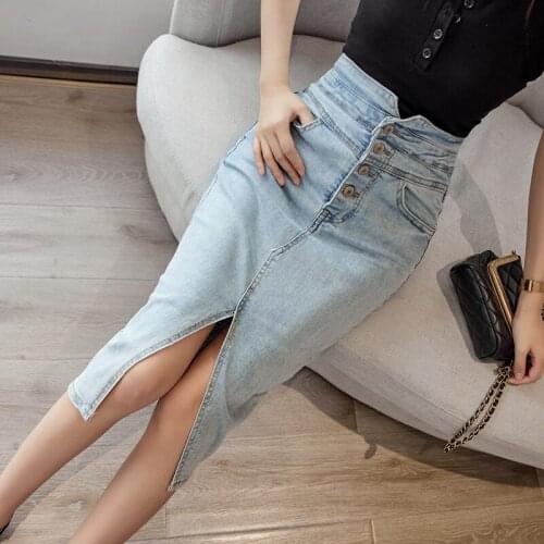 Jeans Skirts Female Pencil Front Split Skirts 2021 New Spring Summer Vintage Womens Denim Wrap Skirt High Wasit Buttons