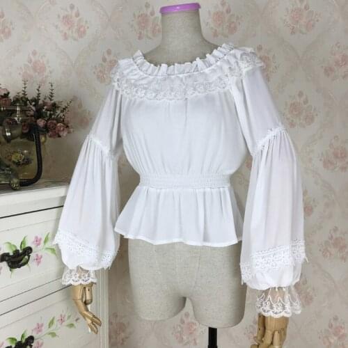 Long Sleeve Chiffon Lace Sleeve Chiffon Blouse Ruffled Short Womens Sweet Lolita Lace