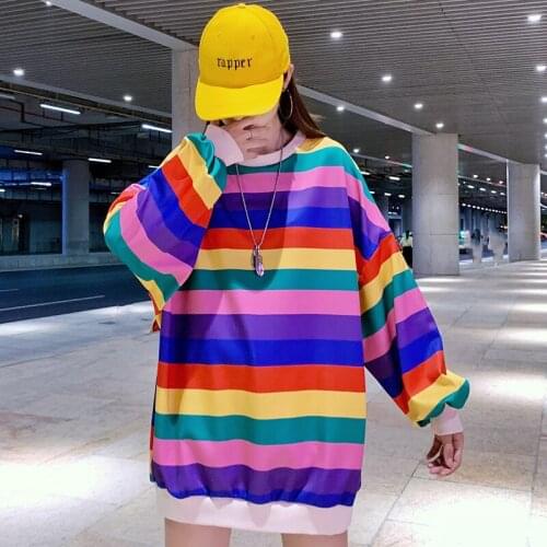 2021 Oversized Hoodie Women Spring Korean Striped Long-Sleeved Pullover Loose Round Neck Mid-Length Bottoming Shirt Y080