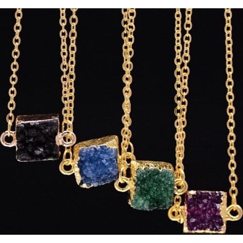Gold Square Druzy Crystal Quartz Natural Stone Irregular Pendant Necklaces for Women Blue Green Drusy Gift Jewelry