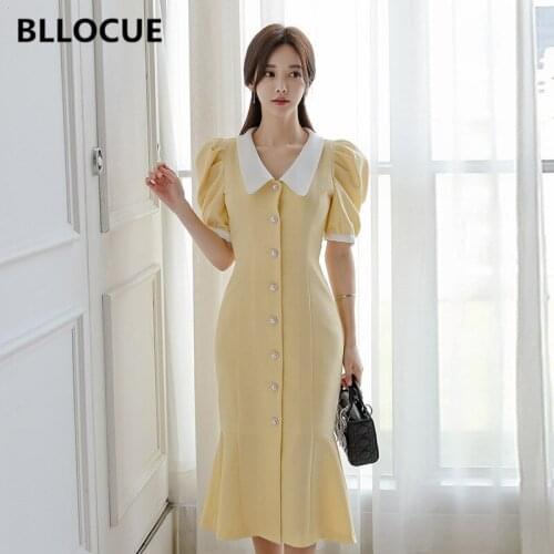 BLLOCUE 2020 Summer New Korean Women Dress Retro Bubble Sleeve Doll Collar Single-breasted Midi Slim fishtail Dress