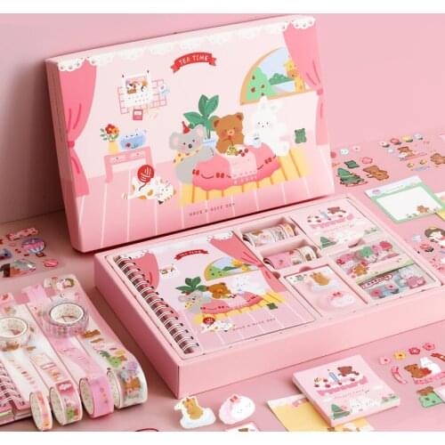 Notebook Gift Box Set Kawaii Notepads Journal And Washi Tape Cute Purple Pink Diary Budget Book Gift School Supplies Stationery