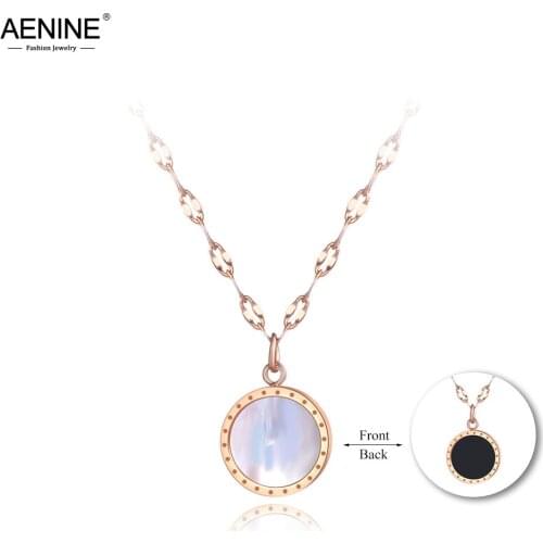AENINE Titanium Stainless Steel Black/White Shell Pendant Necklaces Jewelry Rose Gold Chokers Necklace For Women Girls AN19005