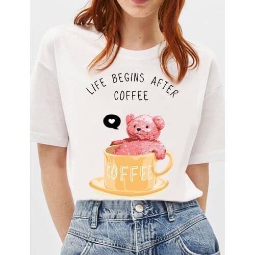 BLINGPAW Teddy Bear Life Begins After Coffee Letter Print T-shirt White Cotton Unisex Top&Tees Summer Custom Tee Shirts