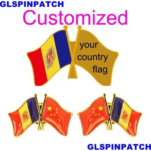 Andorra Crossed Friendship Flag Double Country lapel pin Brooch USA UK France Chile Russia Saudi Arabia Japan Spain Badge