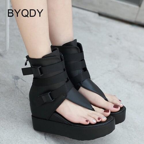 BYQDY 2021 Summer Women Sandals Fashion Rome Flip-Flops Female Shoes Wedges Increasing High Heel Ladies Sandals Black Size 34-40