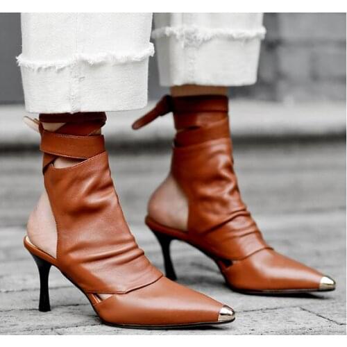 Dipsloot Fashion Woman White Black Brown Leather Gold Metal Pointed Toe Ankle Boots Ladies Slingback Cross Lace Up Short Boots