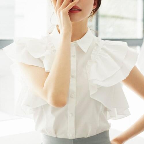 Elegant Chic Butterfly Sleeve Women Blouse Summer Fashion Ruffles Patchwork Women Shirts 2021 Solid Single Breasted Blusas