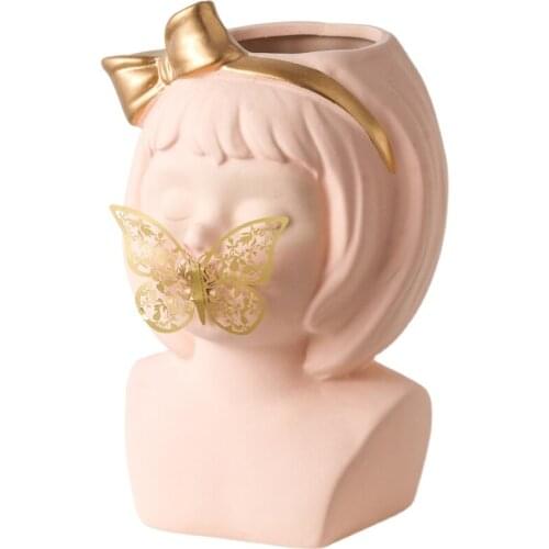 European Cartoon Butterfly Girl Sculpture Ceramic Flowerpot Plant Potted Head Flowerpot Flower Arrangement Home Decoration Gift