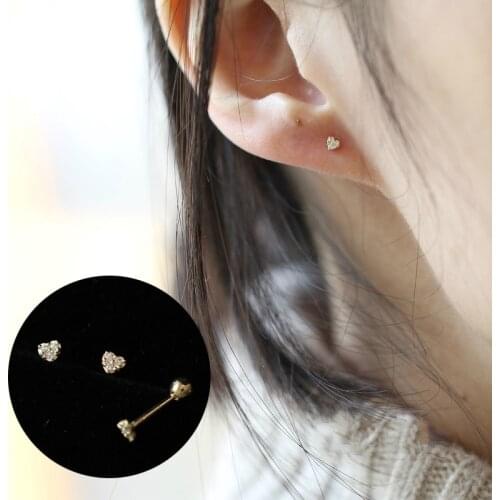 Custom Earbone Nail Pure 14k Gold Super Mini Three Diamond Lovely Love Screw Back Stud Earrings Earnail