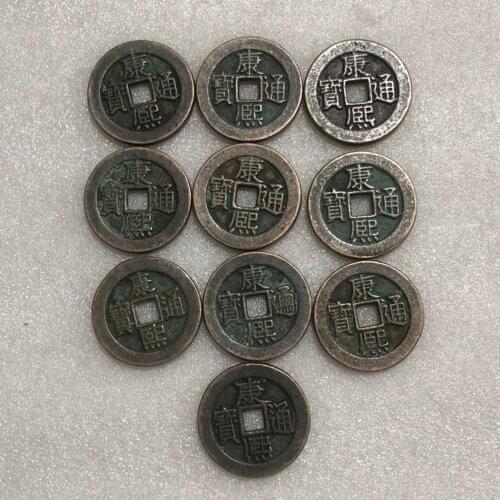 Exquisite Chinese antique Qing Dynasty old copper Kangxi Tongbao copper coin with the word "Fu" on the back /10pcs set