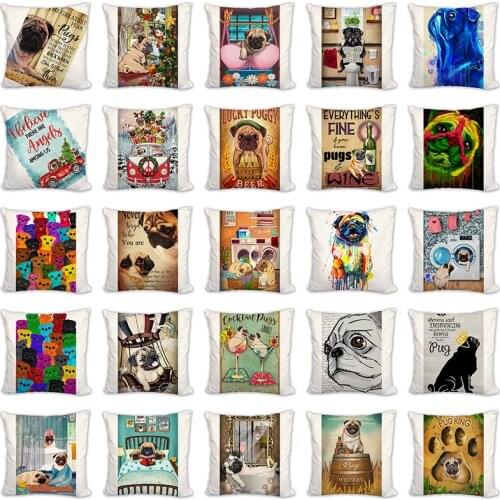 Colorful Pug art print Cushion Cover Cute Dogs Pillow Cover Living Room Decorative Pillow Case Printed Linen/Soft Plush 45x45cm