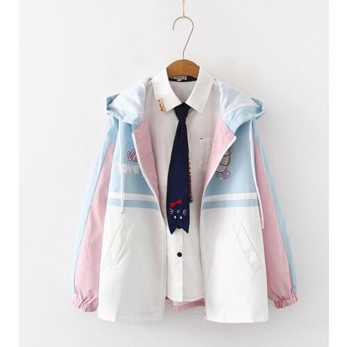 Japanese Mori Star Printed Hooded Long Sleeve Student Jacket Girl Wild Jacket Spring Autumn Coat Women pink Windbreaker