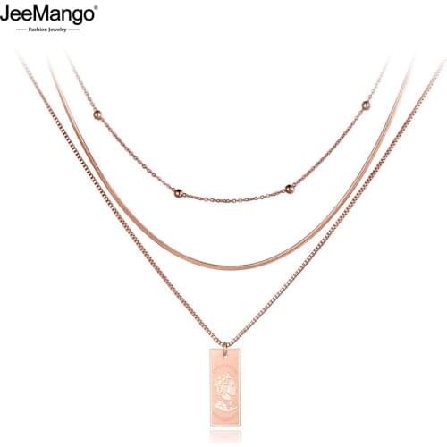 JeeMango Trendy Titanium Steel Three-layer Queen Portrait Charm Necklaces Jewelry Pendant Chain Necklace For Women JN19078