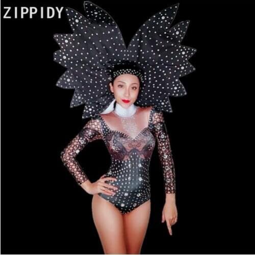 Fashion Bright Black Rhinestones Long Sleeves Spandex Bodysuit Evening Womens Costume Female Singer Dance Outfit Stage Wear
