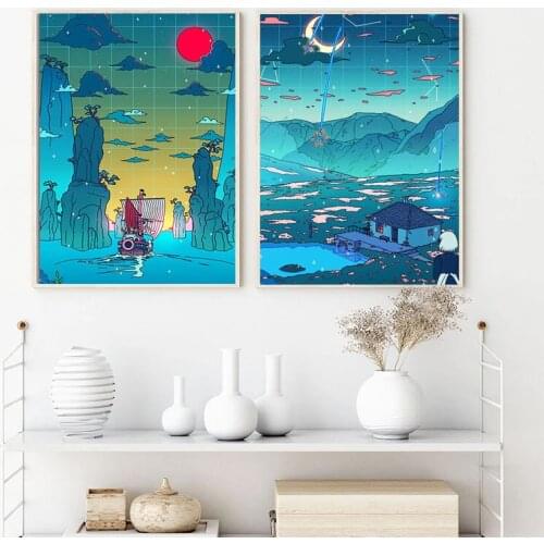 Cartoon Night Moon Night Scenery Canvas Painting Wall Art Nordic Posters and Prints Wall Pictures for Living Room Decoration
