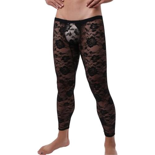 Men Long Pants Sexy Lace Transparent Printd Sexy Gay Underwear Men Tight Legging Long Johns Skinny Fitness Riding Sleep Bottoms