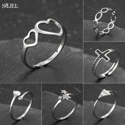 New Stainless Steel Rings for Women Wedding Fashion Smooth Cross Star Triangle Circle Symbol Double Heart Ring Adjustable Gift