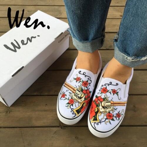 Wen Custom Original Hand Painted Shoes Design Revolver Gun Red Rose Flower On The Floral Vine Slip on White Canvas Sneakers